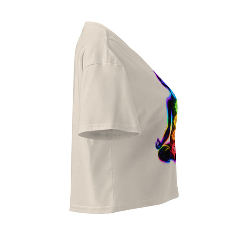 Bone women's cotton crop top, with original luminous rainbow chakra meditation silhouette printed on the front.