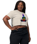 Bone women's cotton crop top, with original luminous rainbow chakra meditation silhouette printed on the front.