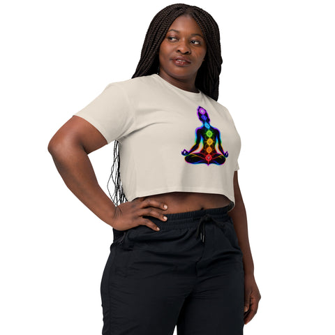 Bone women's cotton crop top, with original luminous rainbow chakra meditation silhouette printed on the front.