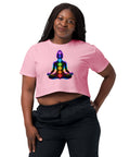 Bubblegum women's cotton crop top, with original luminous rainbow chakra meditation silhouette printed on the front.