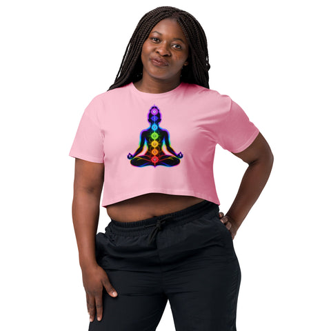 Bubblegum women's cotton crop top, with original luminous rainbow chakra meditation silhouette printed on the front.