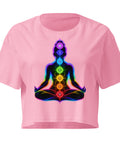 Bubblegum women's cotton crop top, with original luminous rainbow chakra meditation silhouette printed on the front.