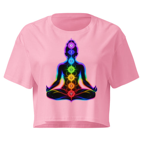 Bubblegum women's cotton crop top, with original luminous rainbow chakra meditation silhouette printed on the front.