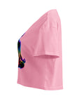 Bubblegum women's cotton crop top, with original luminous rainbow chakra meditation silhouette printed on the front.