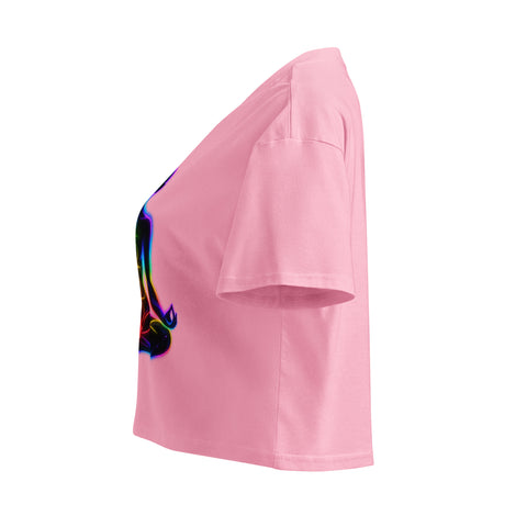 Bubblegum women's cotton crop top, with original luminous rainbow chakra meditation silhouette printed on the front.