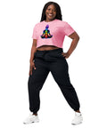 Bubblegum women's cotton crop top, with original luminous rainbow chakra meditation silhouette printed on the front.