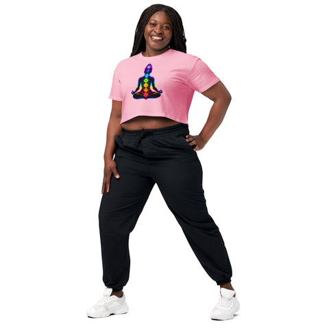 Bubblegum women's cotton crop top, with original luminous rainbow chakra meditation silhouette printed on the front.