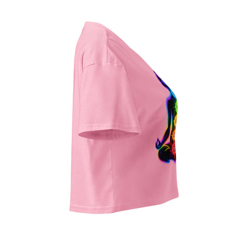 Bubblegum women's cotton crop top, with original luminous rainbow chakra meditation silhouette printed on the front.