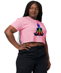 Bubblegum women's cotton crop top, with original luminous rainbow chakra meditation silhouette printed on the front.