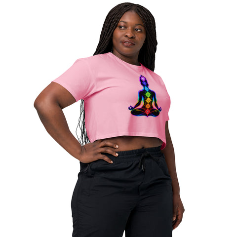 Bubblegum women's cotton crop top, with original luminous rainbow chakra meditation silhouette printed on the front.