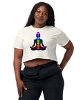 Ecru women's cotton crop top, with original luminous rainbow chakra meditation silhouette printed on the front.