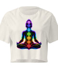 Ecru women's cotton crop top, with original luminous rainbow chakra meditation silhouette printed on the front.