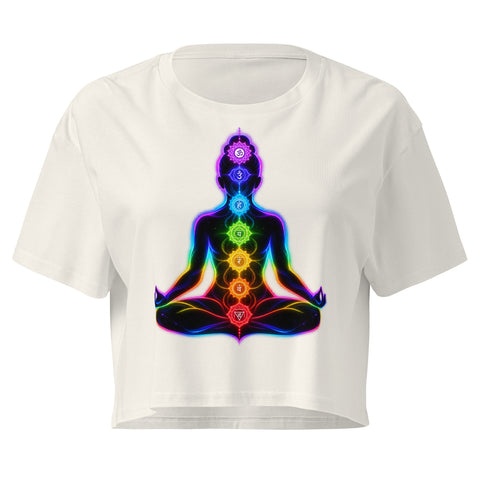 Ecru women's cotton crop top, with original luminous rainbow chakra meditation silhouette printed on the front.