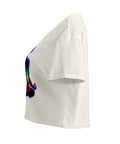 Ecru women's cotton crop top, with original luminous rainbow chakra meditation silhouette printed on the front.