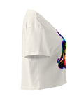 Ecru women's cotton crop top, with original luminous rainbow chakra meditation silhouette printed on the front.