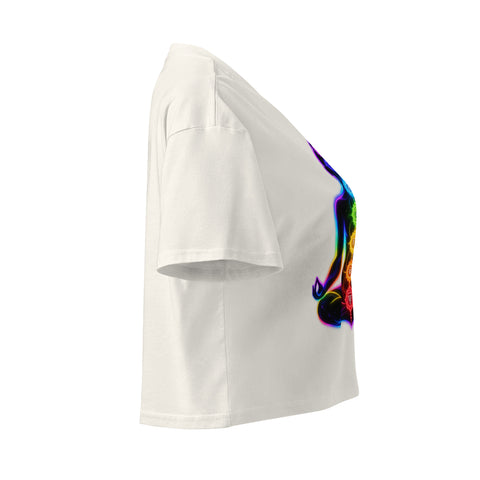 Ecru women's cotton crop top, with original luminous rainbow chakra meditation silhouette printed on the front.