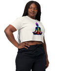 Ecru women's cotton crop top, with original luminous rainbow chakra meditation silhouette printed on the front.