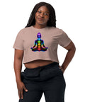 Hazy Pink women's cotton crop top, with original luminous rainbow chakra meditation silhouette printed on the front.