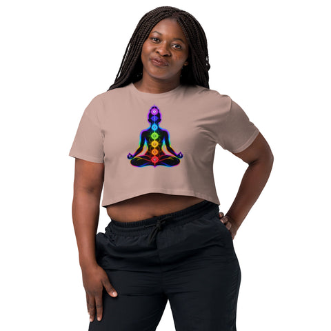 Hazy Pink women's cotton crop top, with original luminous rainbow chakra meditation silhouette printed on the front.