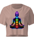 Hazy Pink women's cotton crop top, with original luminous rainbow chakra meditation silhouette printed on the front.