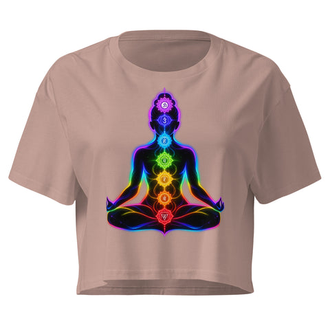 Hazy Pink women's cotton crop top, with original luminous rainbow chakra meditation silhouette printed on the front.