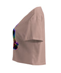 Hazy Pink women's cotton crop top, with original luminous rainbow chakra meditation silhouette printed on the front.