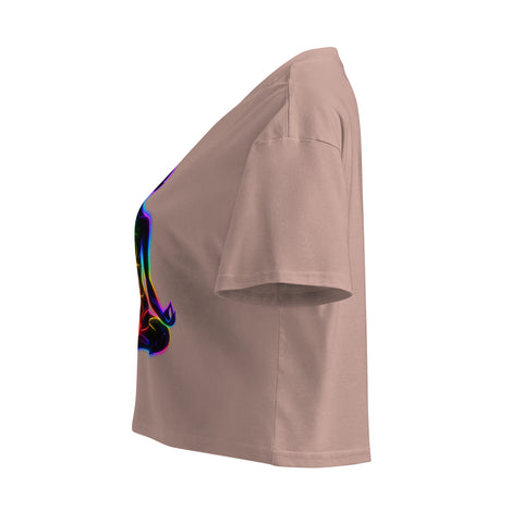 Hazy Pink women's cotton crop top, with original luminous rainbow chakra meditation silhouette printed on the front.