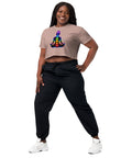 Hazy Pink women's cotton crop top, with original luminous rainbow chakra meditation silhouette printed on the front.