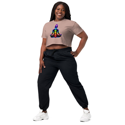 Hazy Pink women's cotton crop top, with original luminous rainbow chakra meditation silhouette printed on the front.