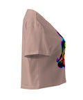 Hazy Pink women's cotton crop top, with original luminous rainbow chakra meditation silhouette printed on the front.