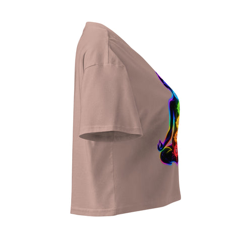 Hazy Pink women's cotton crop top, with original luminous rainbow chakra meditation silhouette printed on the front.