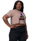 Hazy Pink women's cotton crop top, with original luminous rainbow chakra meditation silhouette printed on the front.