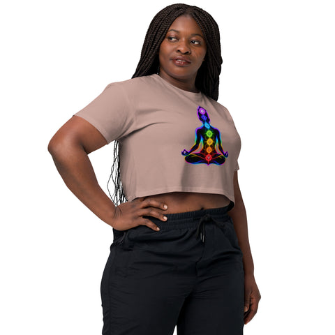 Hazy Pink women's cotton crop top, with original luminous rainbow chakra meditation silhouette printed on the front.