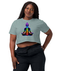 Mineral women's cotton crop top, with original luminous rainbow chakra meditation silhouette printed on the front.
