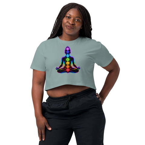 Mineral women's cotton crop top, with original luminous rainbow chakra meditation silhouette printed on the front.