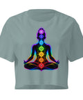 Mineral women's cotton crop top, with original luminous rainbow chakra meditation silhouette printed on the front.