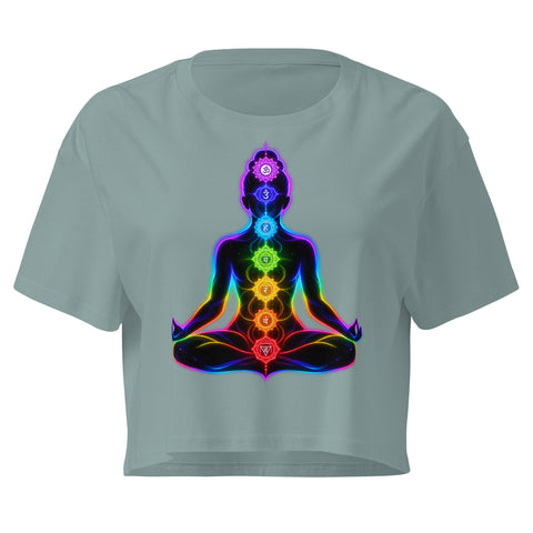 Mineral women's cotton crop top, with original luminous rainbow chakra meditation silhouette printed on the front.