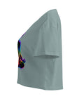 Mineral women's cotton crop top, with original luminous rainbow chakra meditation silhouette printed on the front.
