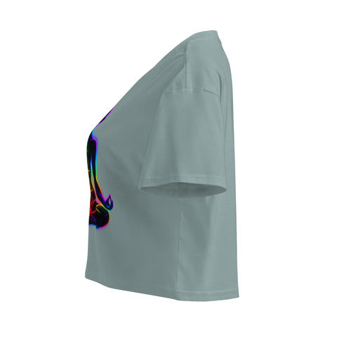 Mineral women's cotton crop top, with original luminous rainbow chakra meditation silhouette printed on the front.