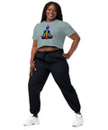 Mineral women's cotton crop top, with original luminous rainbow chakra meditation silhouette printed on the front.