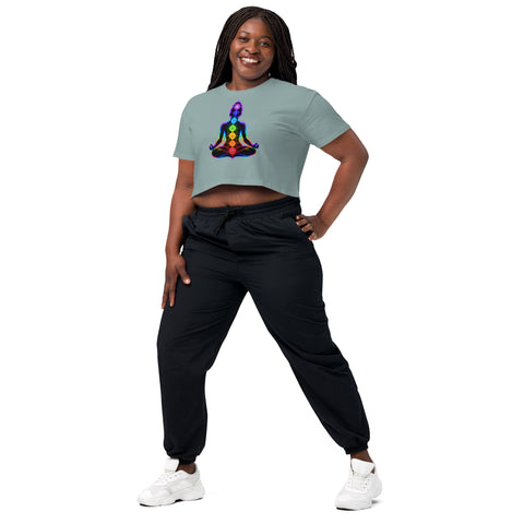 Mineral women's cotton crop top, with original luminous rainbow chakra meditation silhouette printed on the front.