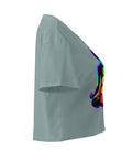 Mineral women's cotton crop top, with original luminous rainbow chakra meditation silhouette printed on the front.