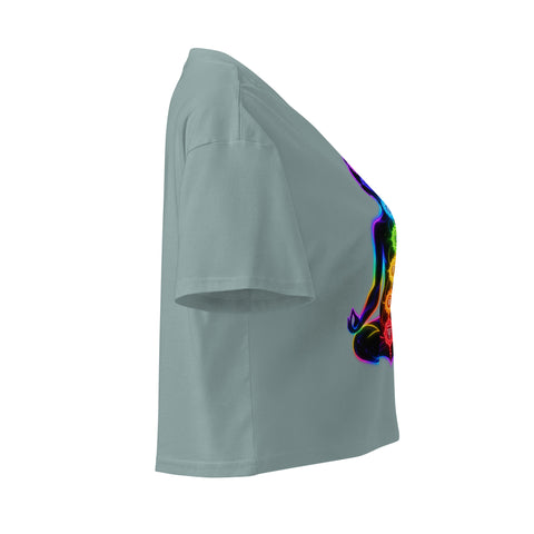 Mineral women's cotton crop top, with original luminous rainbow chakra meditation silhouette printed on the front.
