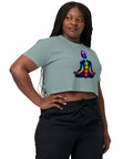 Mineral women's cotton crop top, with original luminous rainbow chakra meditation silhouette printed on the front.