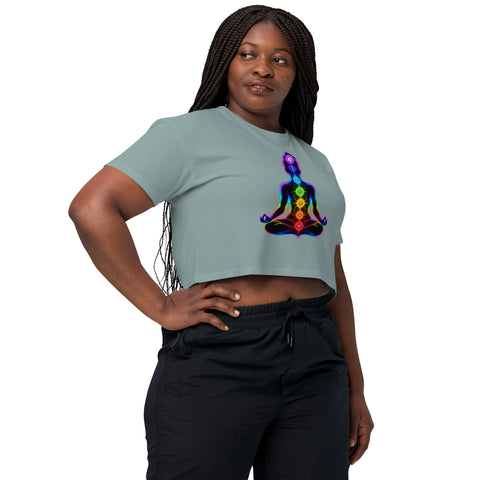Mineral women's cotton crop top, with original luminous rainbow chakra meditation silhouette printed on the front.