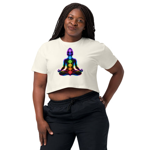 Natural women's cotton crop top, with original luminous rainbow chakra meditation silhouette printed on the front.