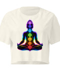 Natural women's cotton crop top, with original luminous rainbow chakra meditation silhouette printed on the front.
