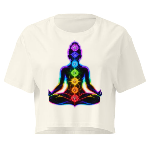 Natural women's cotton crop top, with original luminous rainbow chakra meditation silhouette printed on the front.
