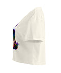 Natural women's cotton crop top, with original luminous rainbow chakra meditation silhouette printed on the front.