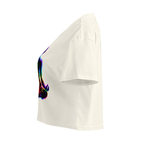 Natural women's cotton crop top, with original luminous rainbow chakra meditation silhouette printed on the front.